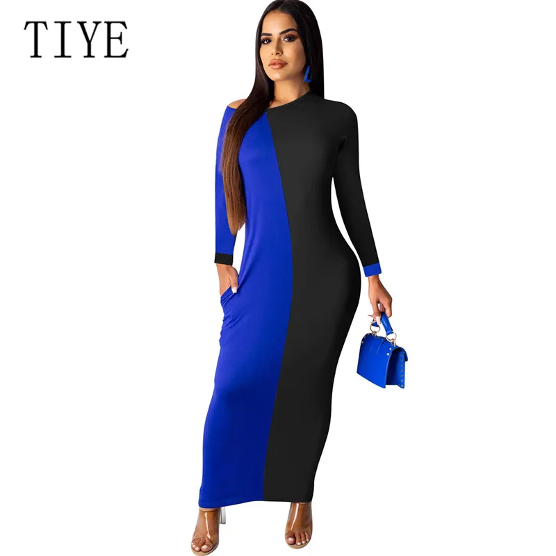 

TIYE Solid Vintage Long Sleeve Stitching Dress Casual Fashion Elegant Long Maxi Slim Dress Women Patchwork Hollow Out Boho Dress