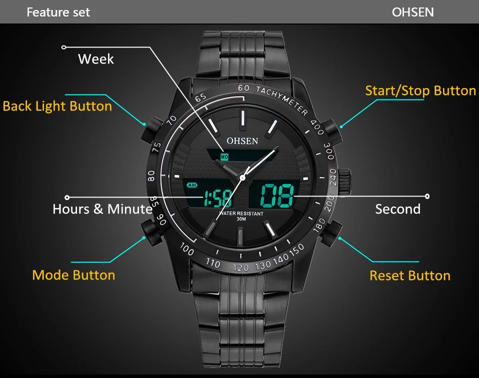 OHSEN Dual time кварцевые мужские часы многофункциональные черные водонепроницаемые