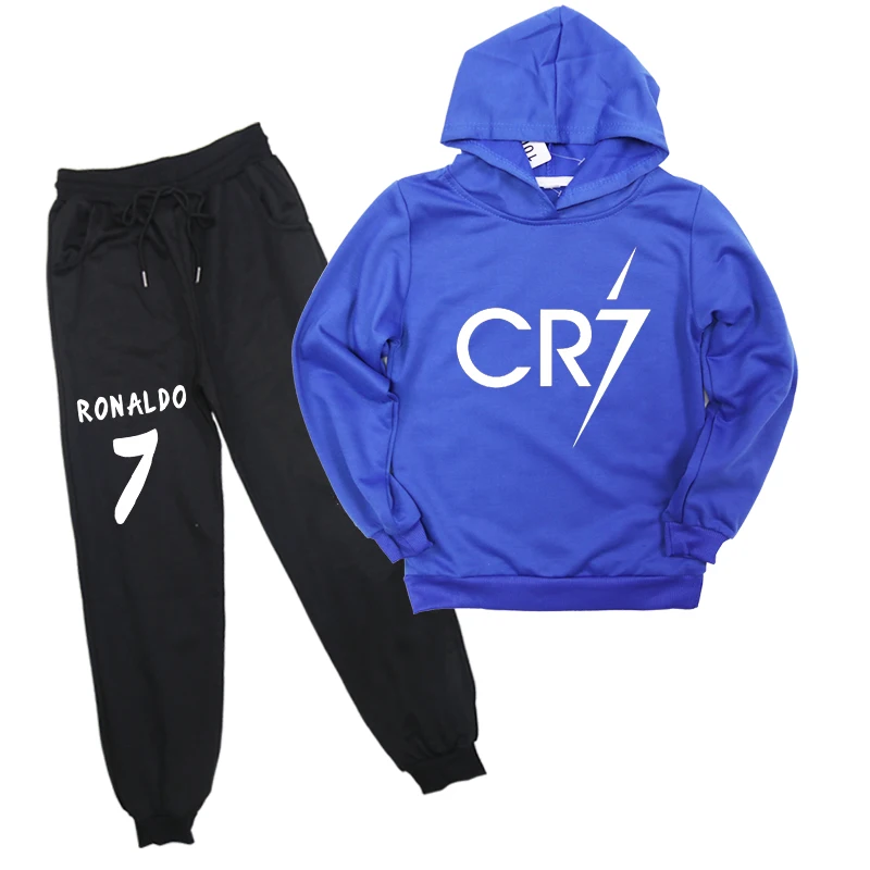 CR7 Рональдо свитера для детей, состоящие из кофты с капюшоном и штанов, комплект из 2 шт./компл. спортивный костюм для детей, унисекс, Повседневное световой толстовка с капюшоном и штаны-шаровары брюки для От 2 до 14 лет - Цвет: Синий