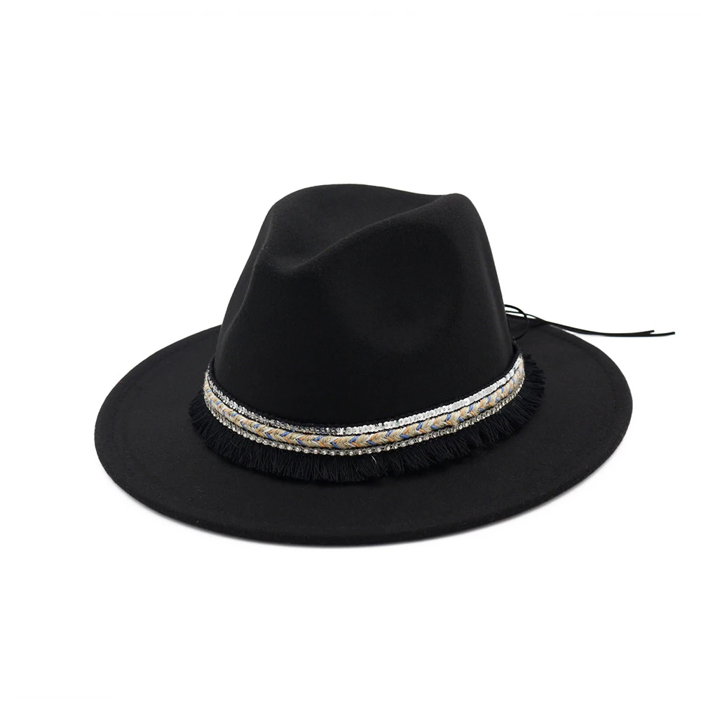 Fashion Women Wool Fedora Hat With Tassel Ribbon Jazz Hat Elegant Lady Fascinator Autumn Wide Brim Church Hat Size 56-58CM - Цвет: Black