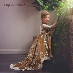 Gold Sequin High Low Wedding Flower Girl Dresses Little Princess Lace V-backless First Communion Gowns Vestidos Para Niñas