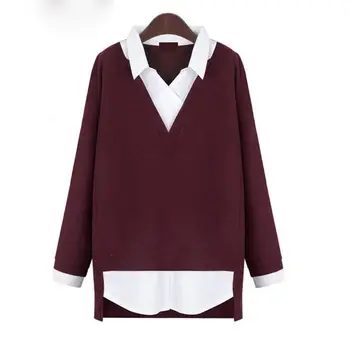 

Women Fall Patchwork Loose Knitted Sweater V-Neck Female Knitting Fake Two Piece Plus Size Long Sleeve Pullovers Sweater