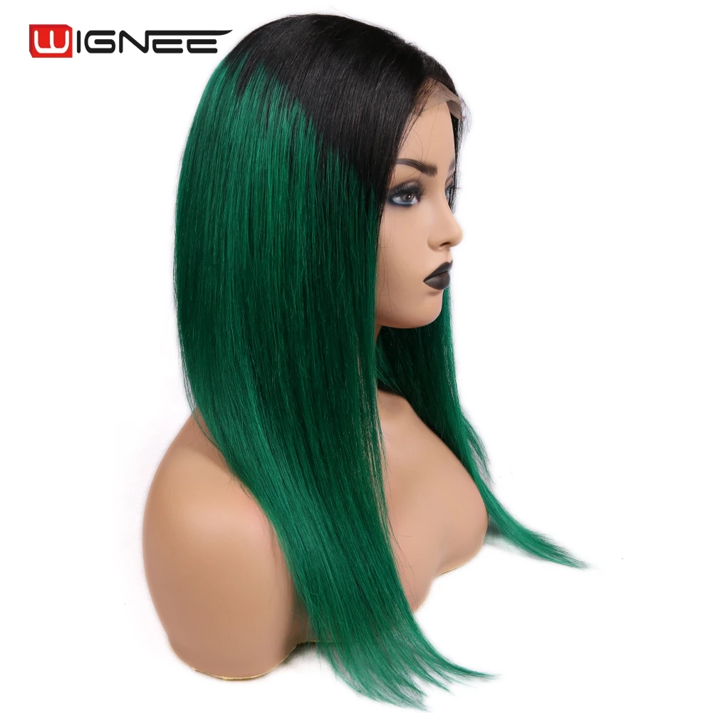 Wignee 4*4 Lace Closure Ombre Green Straight Hair Human Wigs With Baby Hair For Women PrePlucked Natural Hairline Lace Human Wig