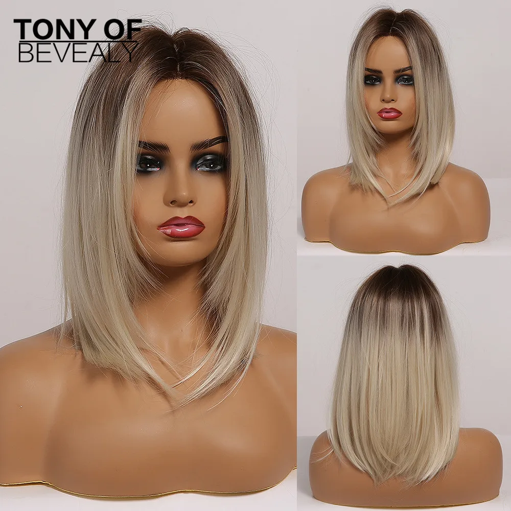 Brown to Light Blonde Ombre Hair Medium Straight Layered Bob Synthetic Wigs Middle Part For Women Heat Resistant Cosplay Wigs