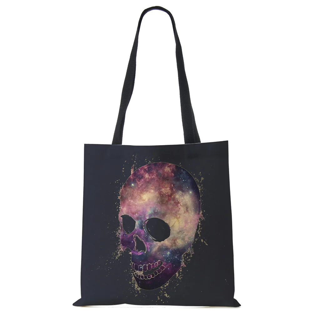 Floral Skull Print Linen Tote Bag Reusable Shoulder Bags Folding Women Casual Handbags Lady Fabric Totes