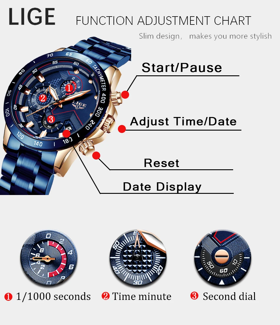 LIGE Business Men Watch Luxury Brand Blue Stainless Steel Wrist Watch Chronograph Army Military Quartz Watches Relogio Masculino