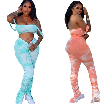 

Tie Dye Print Strapless Crop Top and Stacked Pants Sexy Club Outfits Off Shoulder Skinny Party Two Piece Set