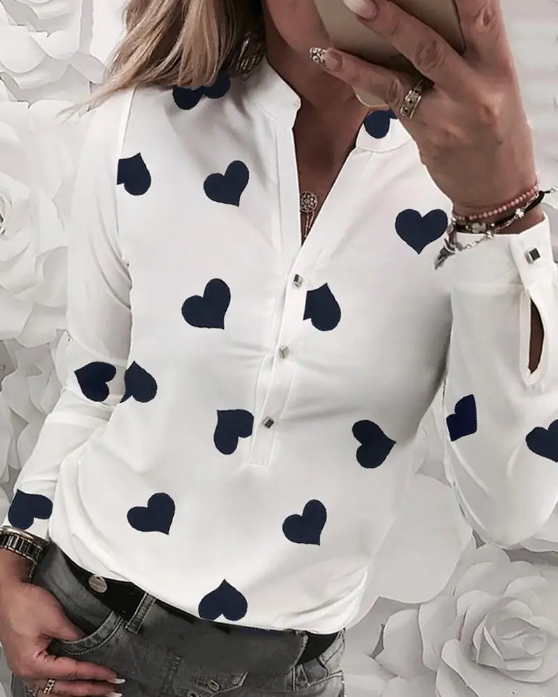 Весенняя женская элегантная Модная стильная Женская рабочая рубашка с v-образным вырезом, офисная блуза с принтом в виде сердца, Повседневная блуза на пуговицах