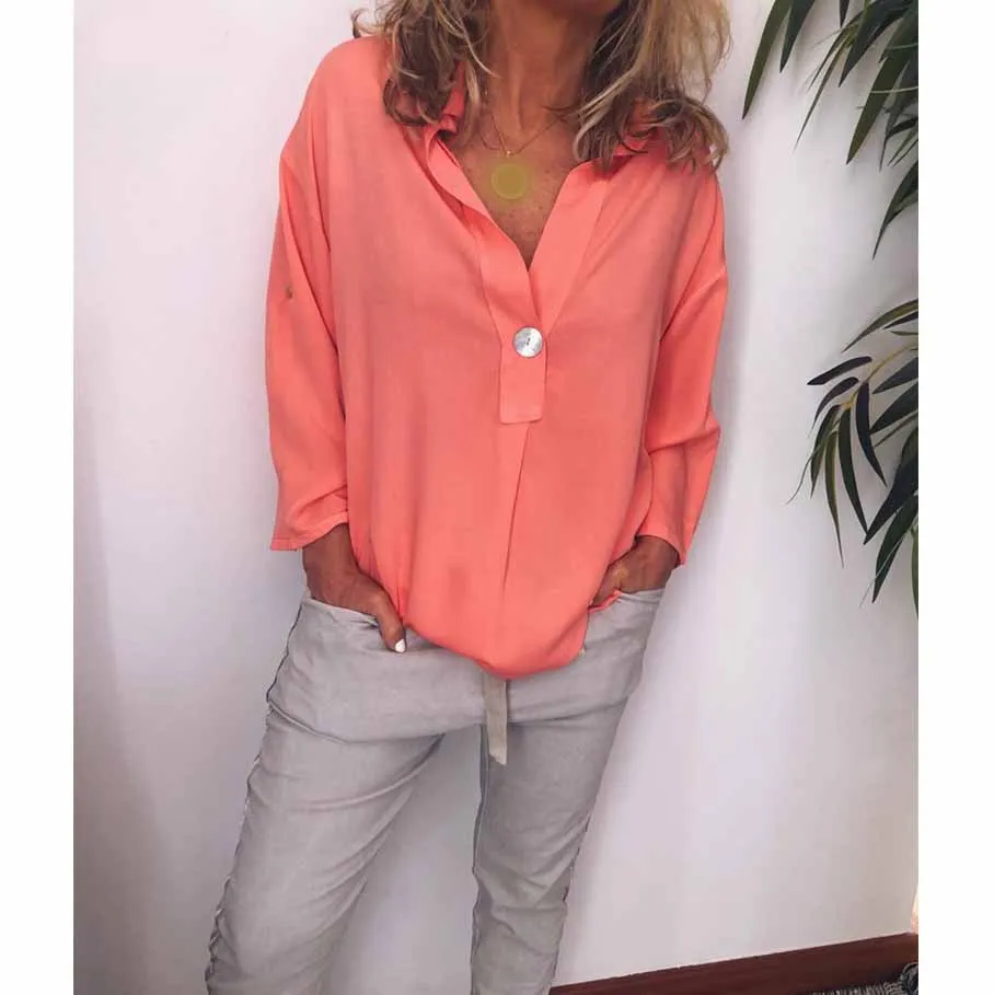 

Fashion Summer Women Casual Blouses Turn-Down Collar Nice Long Sleeve Solid Shirts Loose Lapel Button Blouses