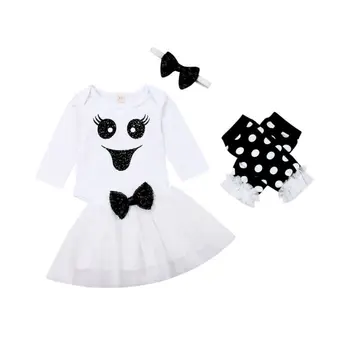 

2019 Autumn Newborn Baby Girl 4pcs Halloween Clothes Long Sleeve Romper Tops+Bowknot Tutu Skirt+Lovely Handband Outfits