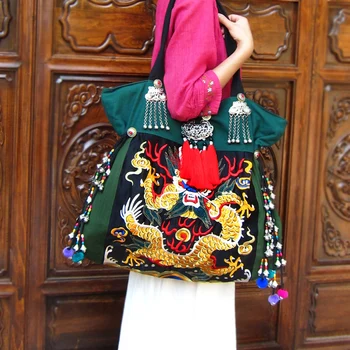 

Retro dragon embroidery shoulder bag double side embroidery canvas bag