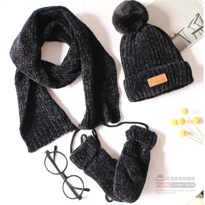 Комплект из 3 предметов: шапка, шарф и перчатки, зимний теплый меховой помпон, вязаная шапочка-шарф, Подарочный комплект для детей на холодную погоду, 11 цветов