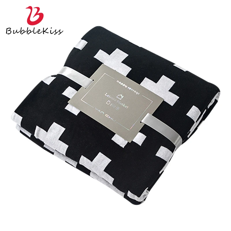 

Bubble Kiss Children's Knitted Wool Blanket Double-Sided Design Nordic Style Blanket For Beds Black White Cross Pattern Blanket