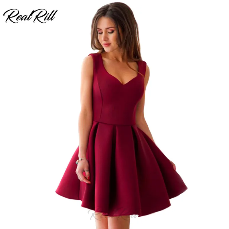 

Real Rill V Neck Short Homecoming Dress Satin Tank Pleated Mini Party Dress Ruffled Skirt Short A Line Formal Dress