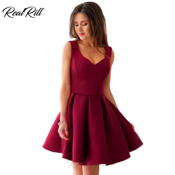 

Real Rill V Neck Short Homecoming Dress Satin Tank Pleated Mini Party Dress Ruffled Skirt Short A Line Formal Dress