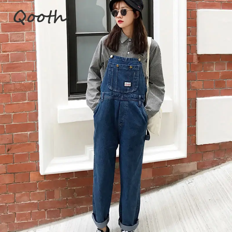 Qooth Vintage High Waist Jeans Overalls 