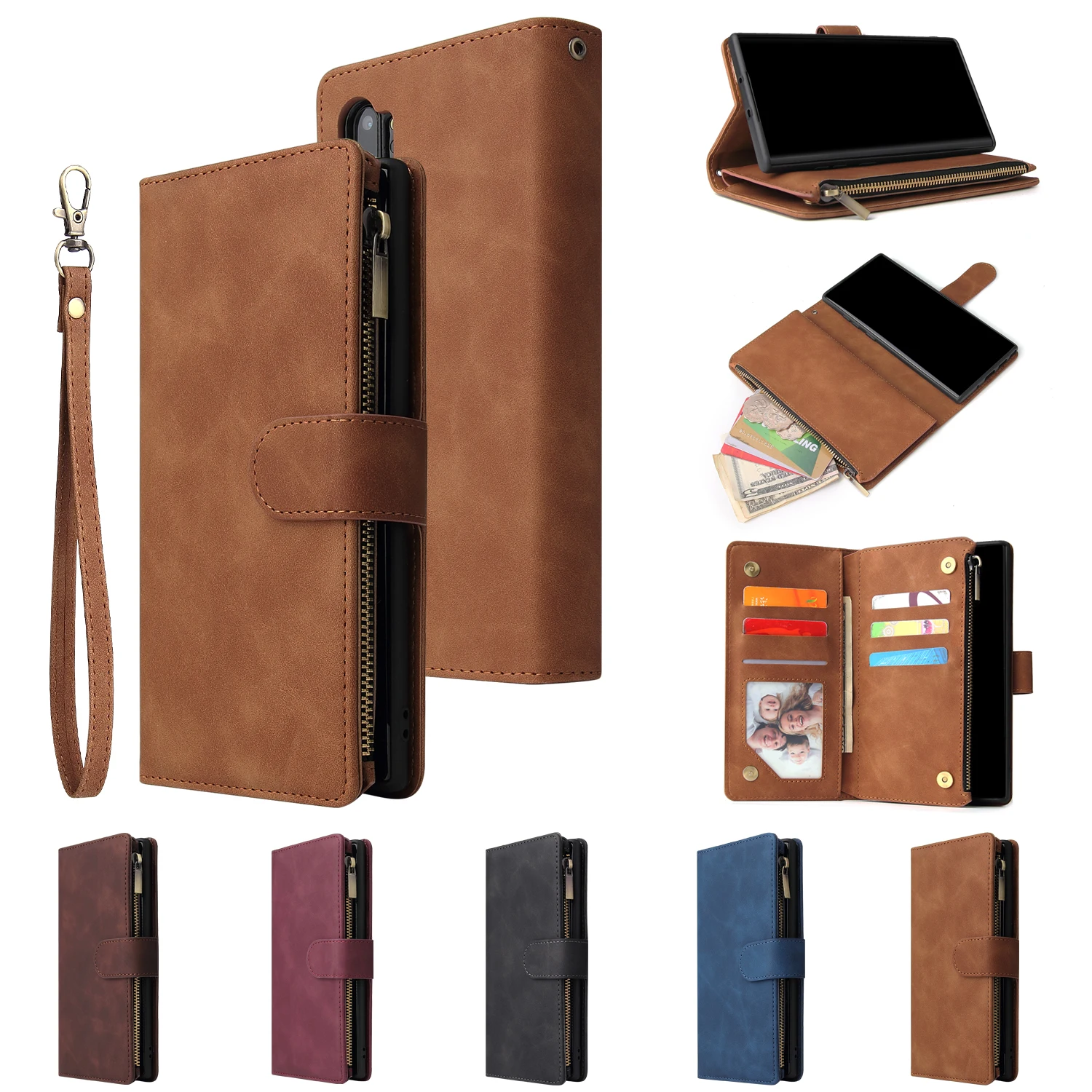 

For Samsung Galaxy Note 10 Pro Note 9 Case Zipper Wallet Leather Case Card Slot Flip Stand Cover Mobile Phone Bag