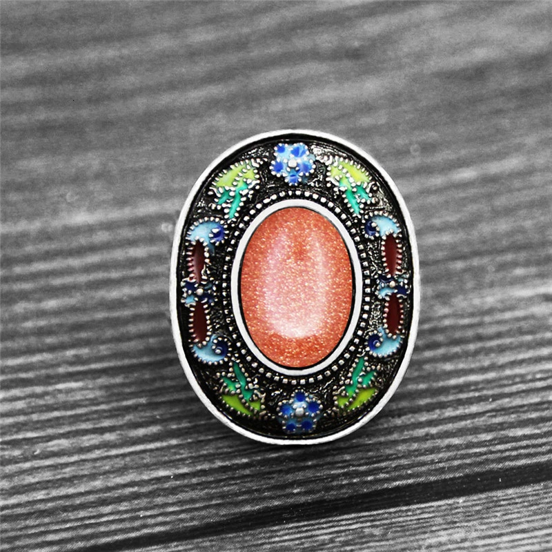Gold sandy stone Винтаж Овальный Кварц Lapis кольца для женщин Богемия живопись Ремесло Цветок Завод натуральный камень Мода регулируемое кольцо - Цвет основного камня: Gold sandy stone