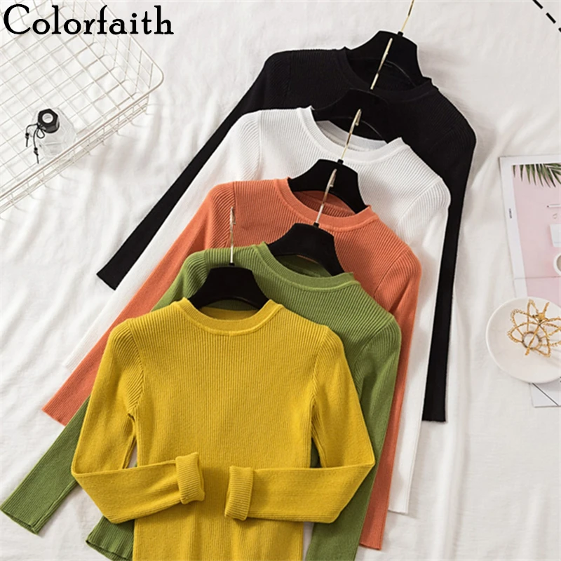 

Colorfaith New 2019 Autumn Winter Women's Sweaters O-Neck Bottoming Knitting Korean Style Slim Solid Minimalist Tops SW8825