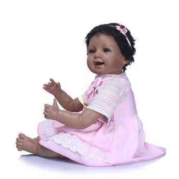 

22'' Adorable Cute Simulation Reborn Baby Doll With Black Curly Hair And Pink Dress Girl'S Toys Gift- Cloth Body