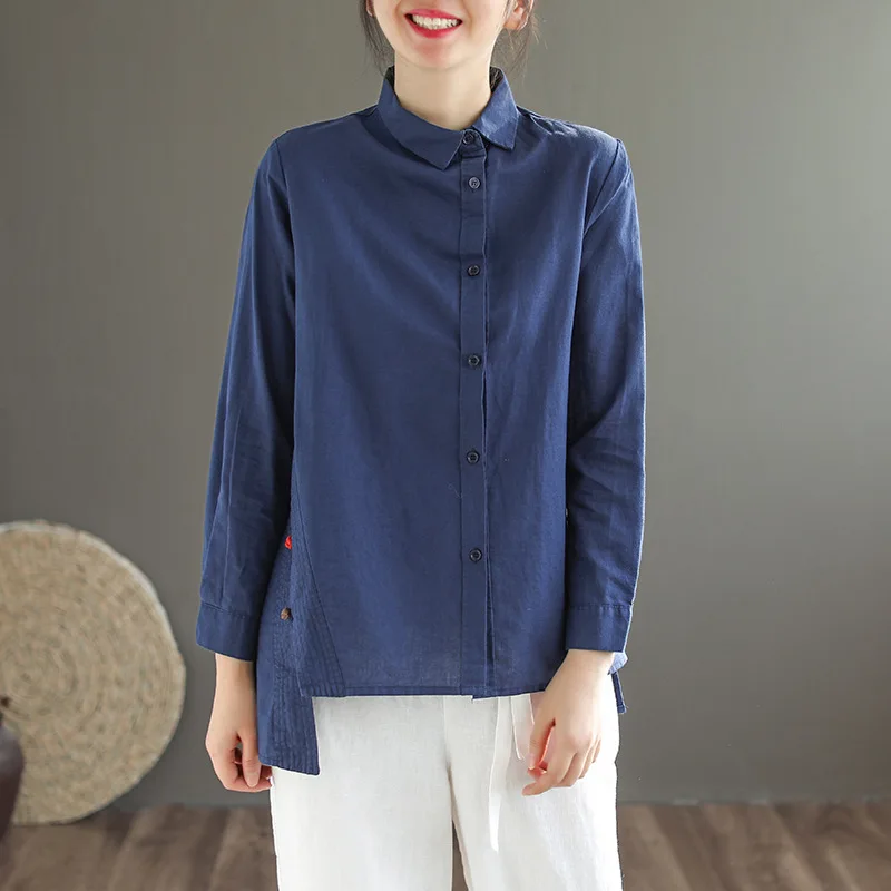 Dark Blue Винтажные рубашки из хлопка на пуговицах, удобные весенние женские рубашки с разрезом по бокам, однотонные универсальные рубашки, Новое поступление - Цвет: Dark Blue