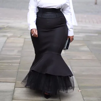 

Ladies Black Mermaid Winter Long Women Skirt with Mesh Ruffles Trumpet Party XL-5XL Plus Size Maxi Skirts High Waist Autumn 2019