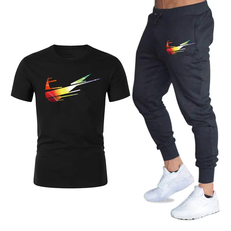 

New Style Summer MEN'S Short-sleeved T-shirt Men Leisure Sports Suit Popular Brand MEN'S T-shirt Pants Fitness Pants Set