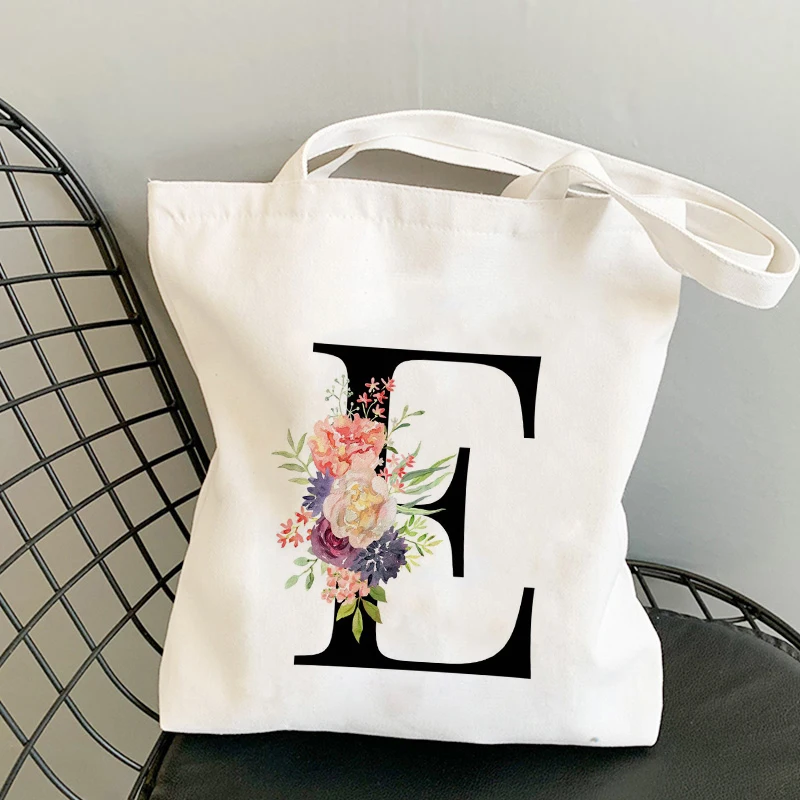 

Flower Pretty Package Tote Bag Pattern Of Letter Bloom Bouquet Daily Use Washable Foldable Environment Protection Canvas Bag