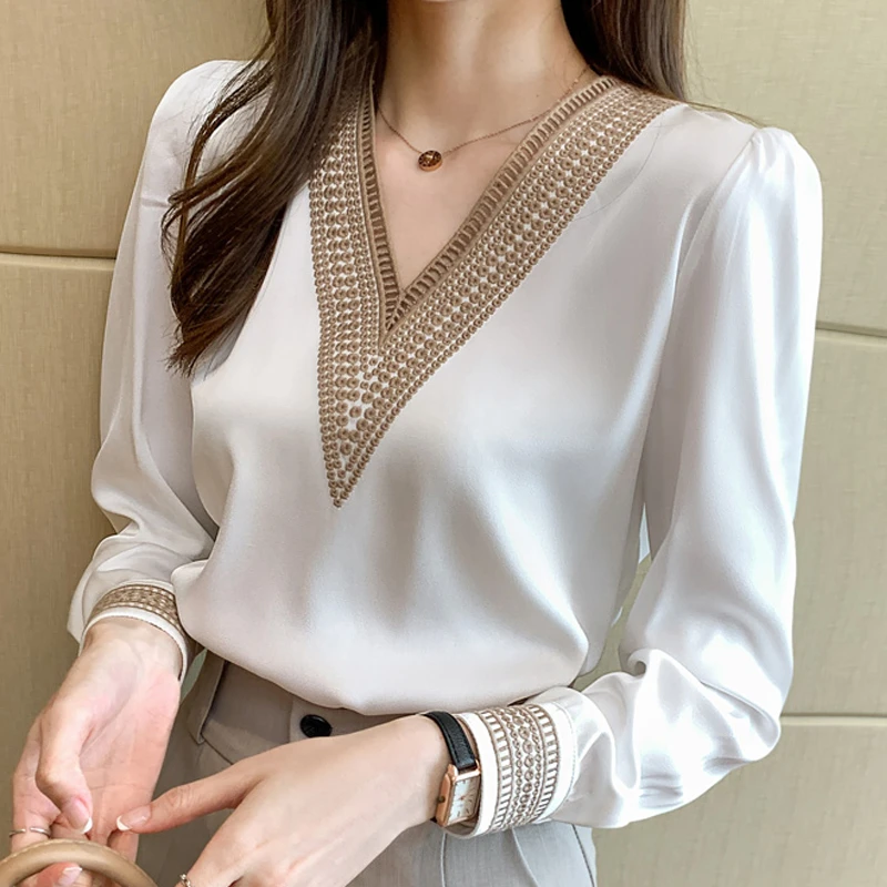 Blusa blanca De larga para Mujer, Camisa De gasa bordada con cuello en V, De E226, 2022|Blusa| - AliExpress