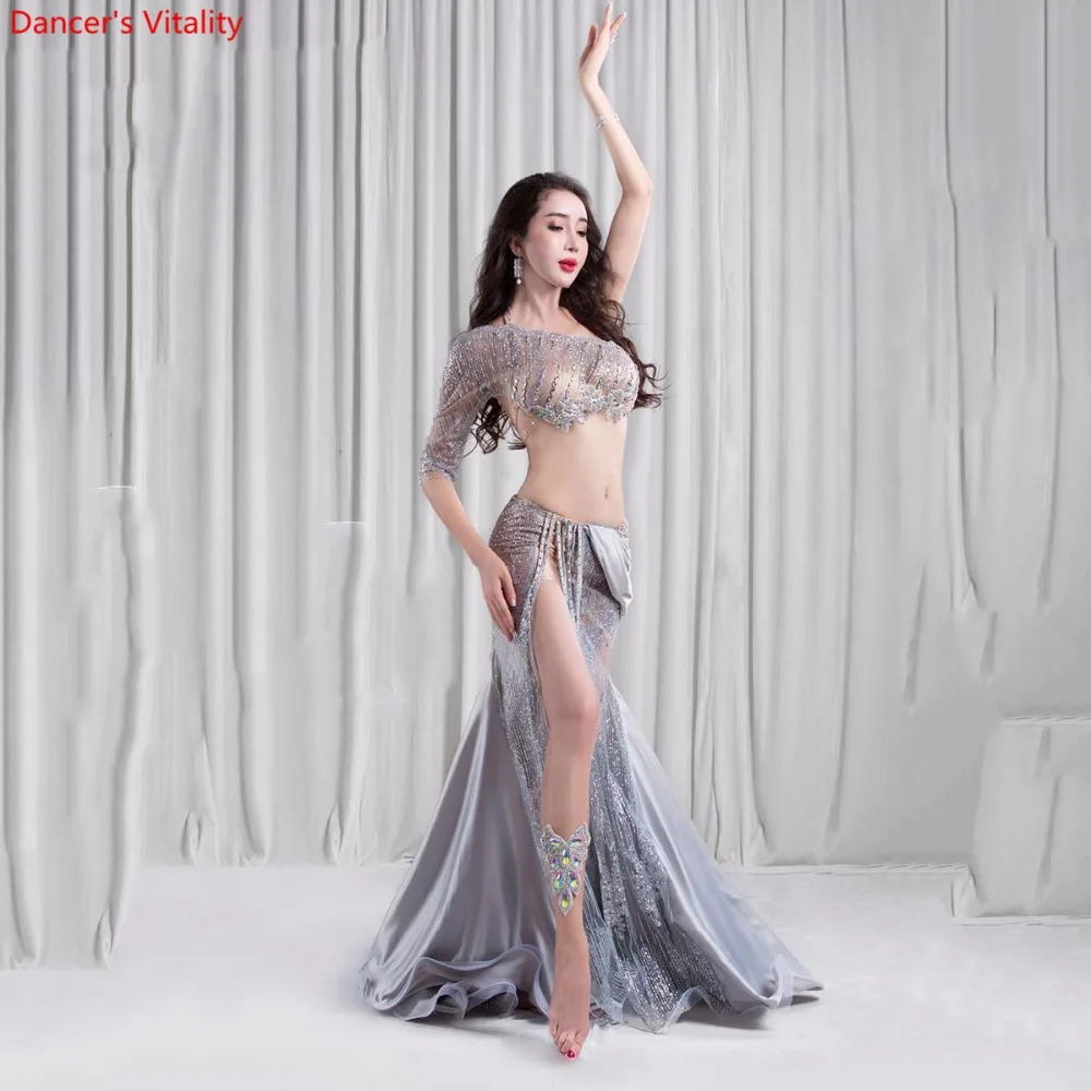 

Новый 2 шт. Люкс Танец Живота Платье Костюм Женщины Сценическое Шоу Носить Бюстгальтер Сплит Юбка Танец живота комплект