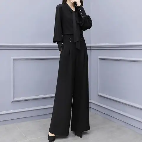 

2019 New Fashion Elegant Lady Work Wear Black Pant Suits 2 Piece Set Women Long Sleeve Blouse And Wide Leg Pants Suit Set AE903