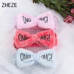 1PC Women Wash Face Hair Holder Fashion OMG Letters Bath Makeup Headband 7'' Bow Coral Fleece Hair Band Accessories For Girls