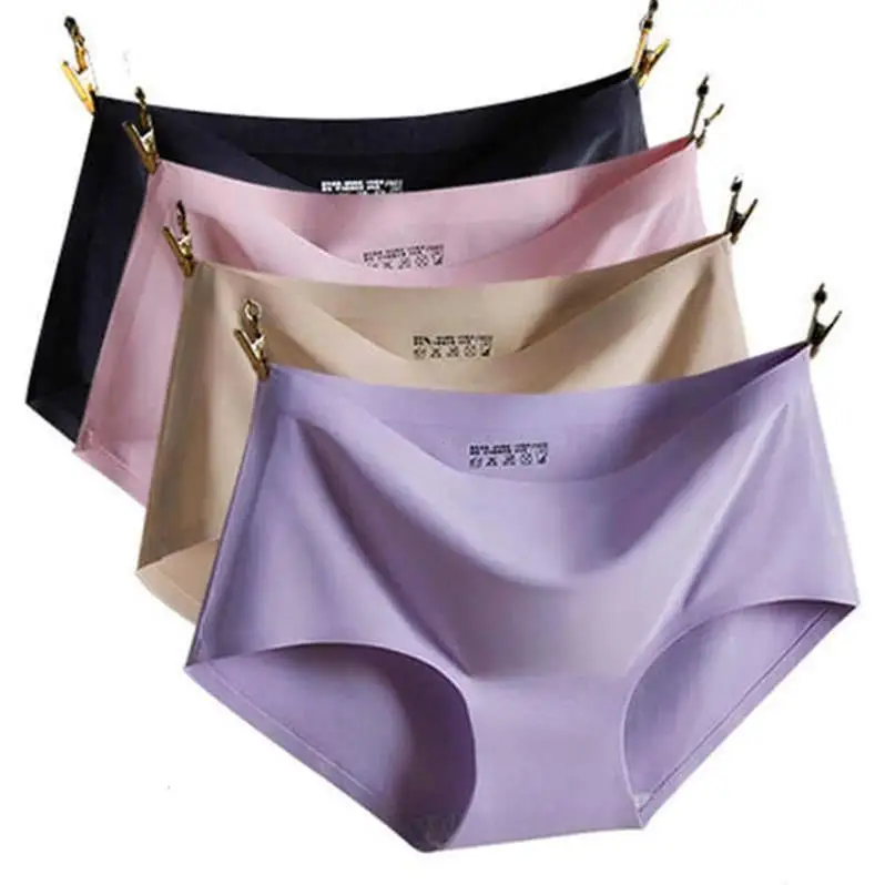 

[Pack of 4] Seamless Underwear Women's Sexy Medium Waist Viscose Solid Elasticity Large Size Briefs WOMEN'S Panties