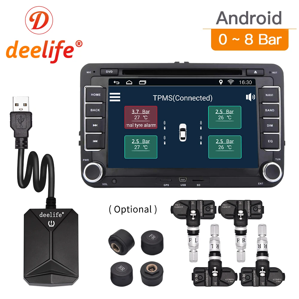 Deelife USB Android TPMS система контроля давления в шинах Дисплей Сигнализация 4 датчика для Автомобильный dvd-плеер Android мультимедийный плеер