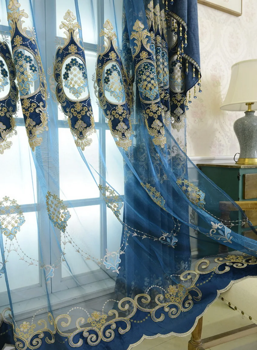 Европейские Элегантные синие занавески s для гостиной роскошные шенилле полые штора шторы оконные панели тюль для спальни M116#4