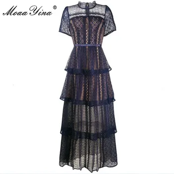 

MoaaYina New Style Women Lace Dress Ruffled Hollow Out Stitching Ladies Long Dress Round Neck Short Sleeve Female Party Dress