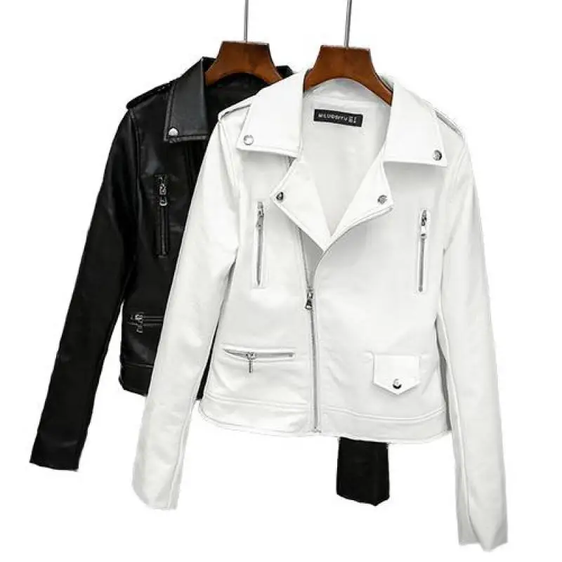 Весенне-осенняя кожаная куртка для женщин, тонкое белое кожаное пальто с длинными рукавами, байкерское пальто на молнии, уличная верхняя одежда