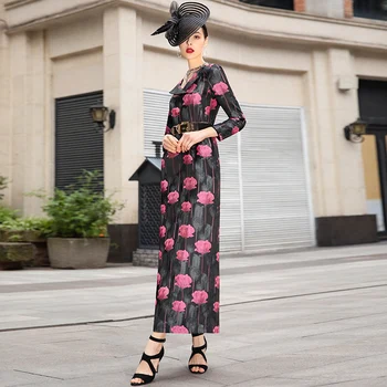 

Elegant Party Evening Vestidos 2020 Spring Style Women Sexy V-Neck Pink Flower Print Sleeve Bodycon Long Dress Female