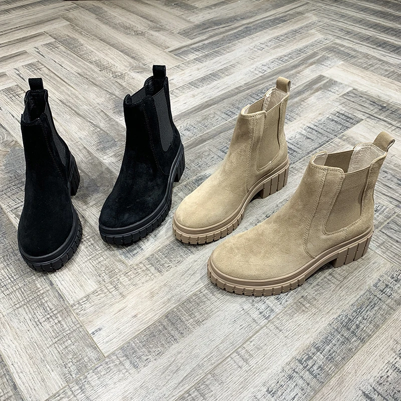 

BELLECOM Autumn Women's Shoes Matting Cowhide All-match Crude With Chelsea Short winter ankle platform womens Boots for women