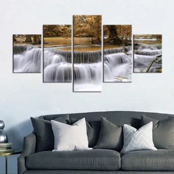

5 Panel HD Print Waterfall Tree Leaf Modular Wall Canvas Painting Landscape Picture for Living Room Home Decoracion
