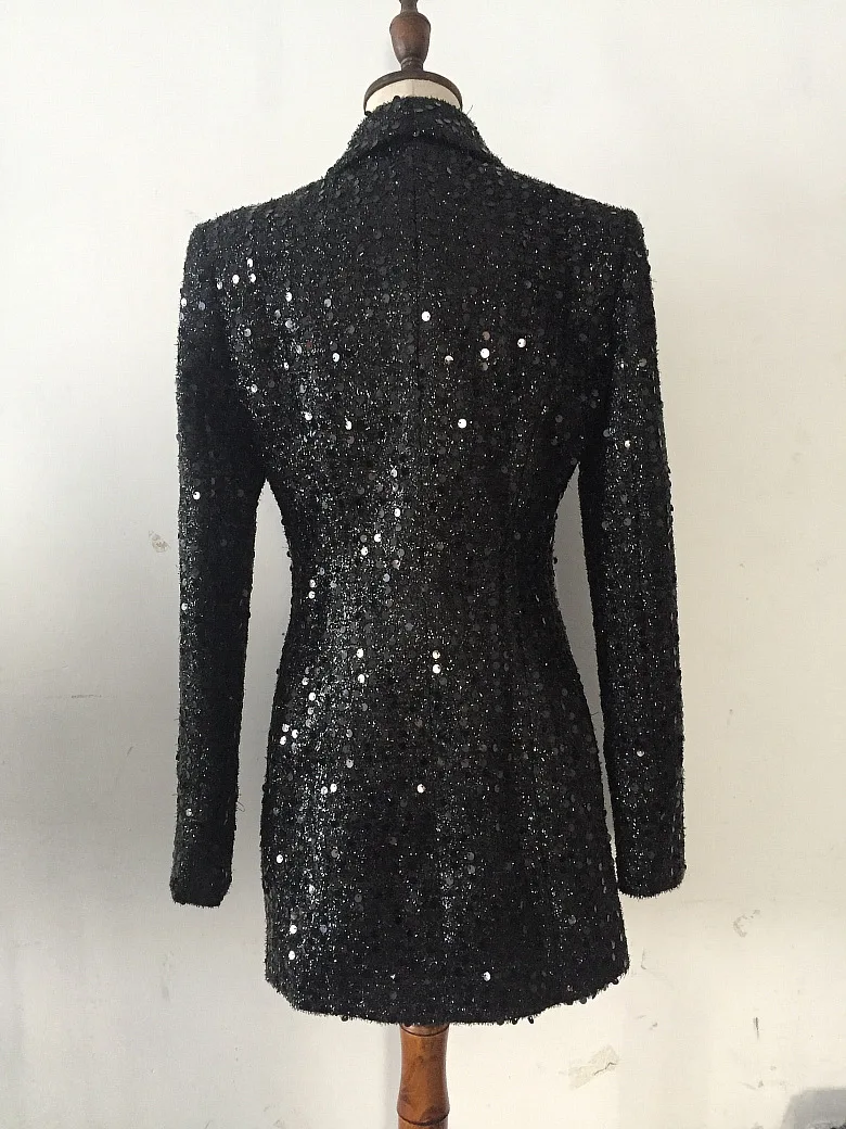 Новая мода, классический дизайн, женские черные и серебряные пуговицы, с блестками, двубортный Блейзер, пиджак, женские блейзеры, платье