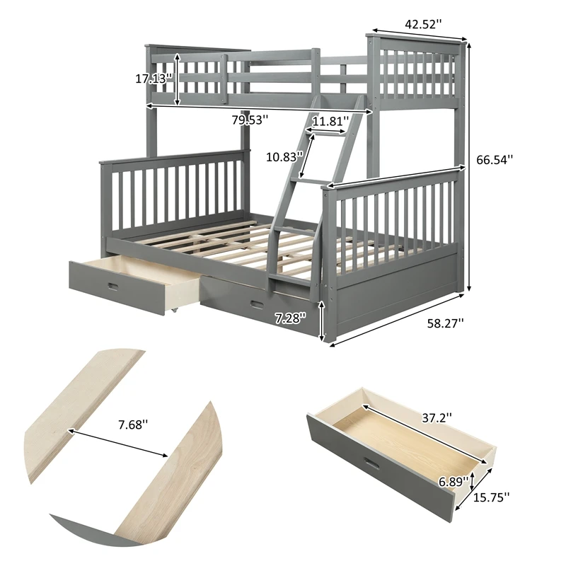Espresso Bunk Bed Twin over Full Solid Bed Wooden Bunk Storage Beds Adults Kids