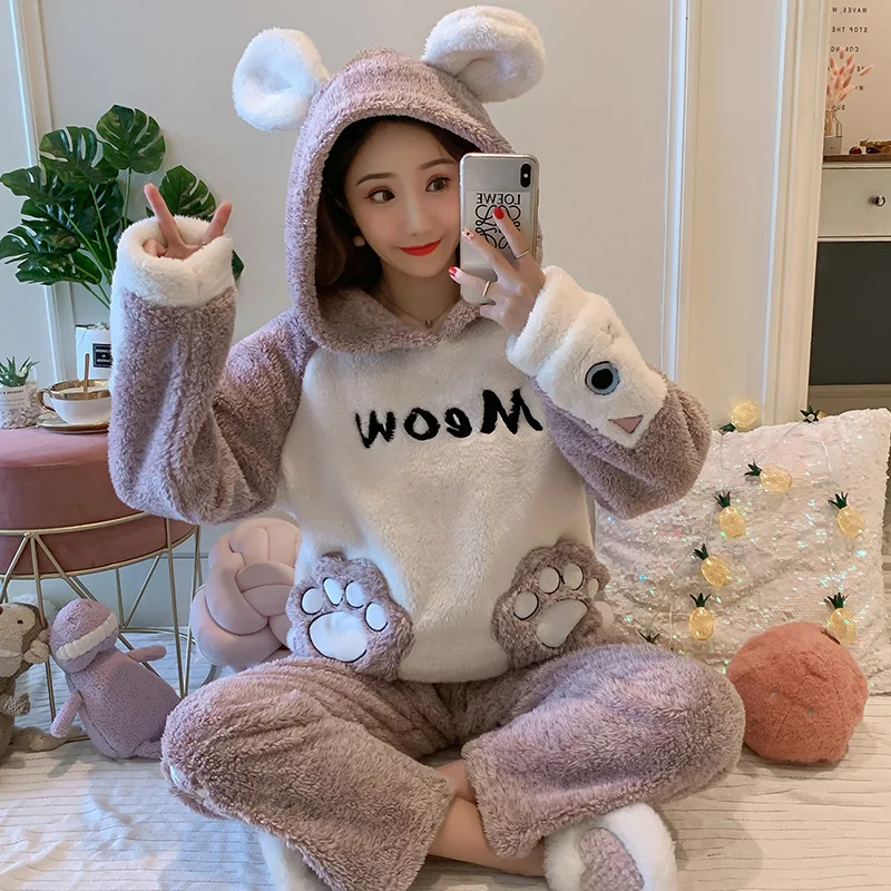 

Coral Velvet Pajamas Women's Autumn & Winter Thick Warm Flannel Set Students Princess Style Cute Spring Home Wear