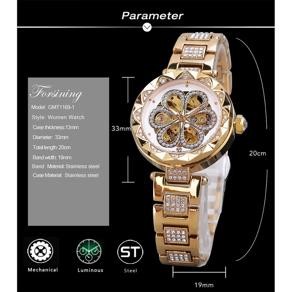 Forsining Mechanical Women Watch Top Brand Luxury Diamond Female Watches Automatic Gold Stainless Steel Waterproof Ladies Clock