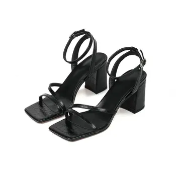 

Genuien Leather Women Sandals thick High Heels shoes woman Summer Elegant Wedding Party Shoes Woman