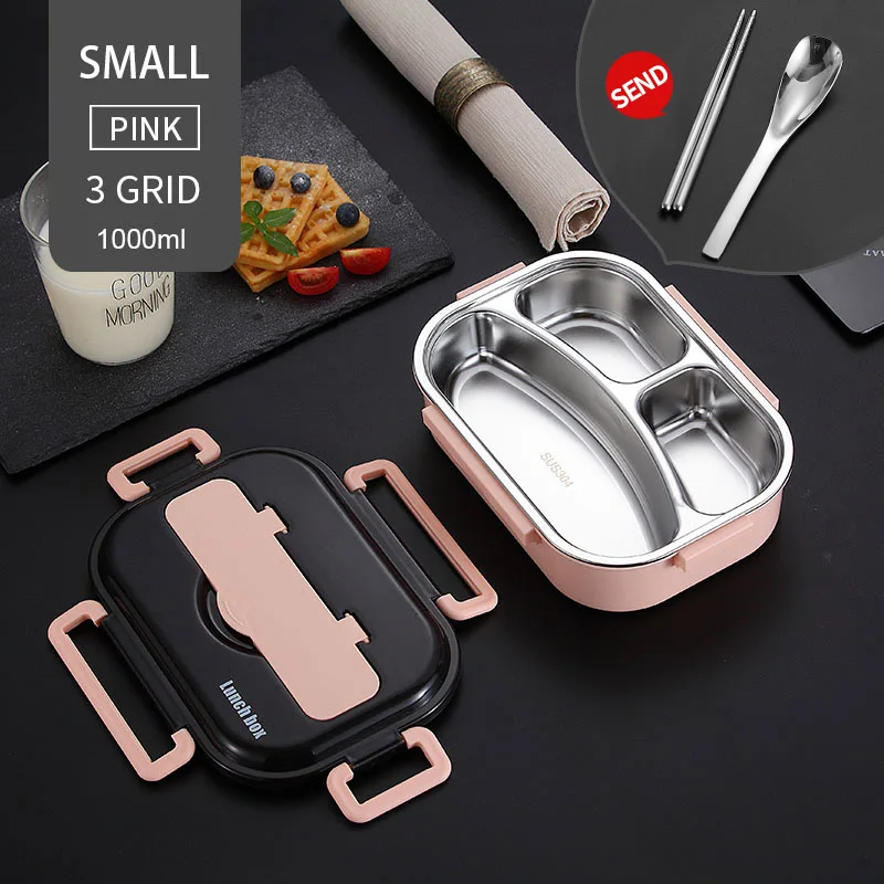 VandHome Japanese Bento Box With Compartments 304 Stainless Steel Lunch Box For Kids Microwave Food Container With Tableware Set - Color: 1000ml 3 Grid Pink