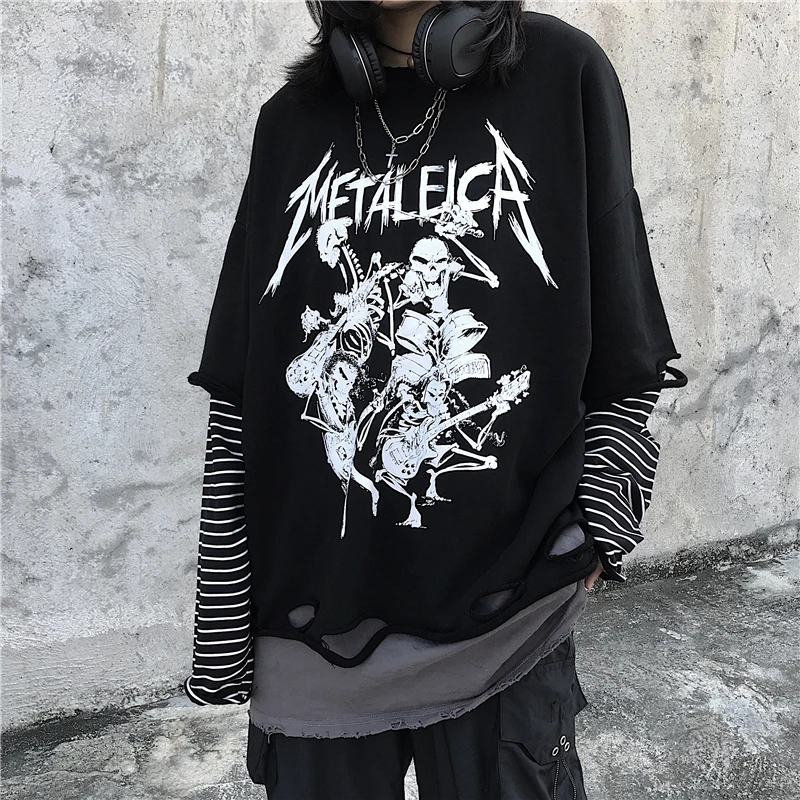 Woherb Harajuku Свитшот женский черный поддельный 2 шт толстовки в полоску с принтом
