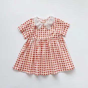 

Girl wearing dress lapel Princess Bubble sleeves sweet Short sleeve dress sisters Cute baby girl Country style