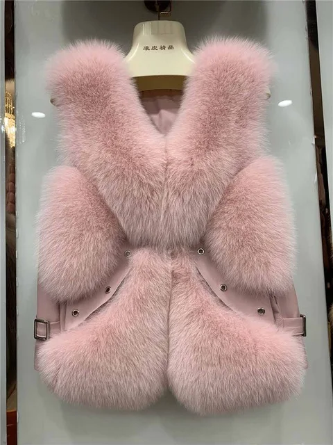 Baby Pink New Arrivals Women's Real Fox Fur Gilet Genuine Leather Short Thick Warm Fur Vest Winter Fashion Lady Waistcoat S7612 - Цвет: Baby Pink