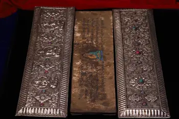 

Tibetan Monastery Collection Tibetan silver handmade filigree inlaid gemstones old hand-painted sutra Carved Buddha Shakyamuni
